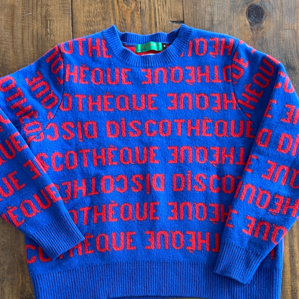 Clare V Vibrant Blue Sweater with Red Graphic, Discotheque, Size M